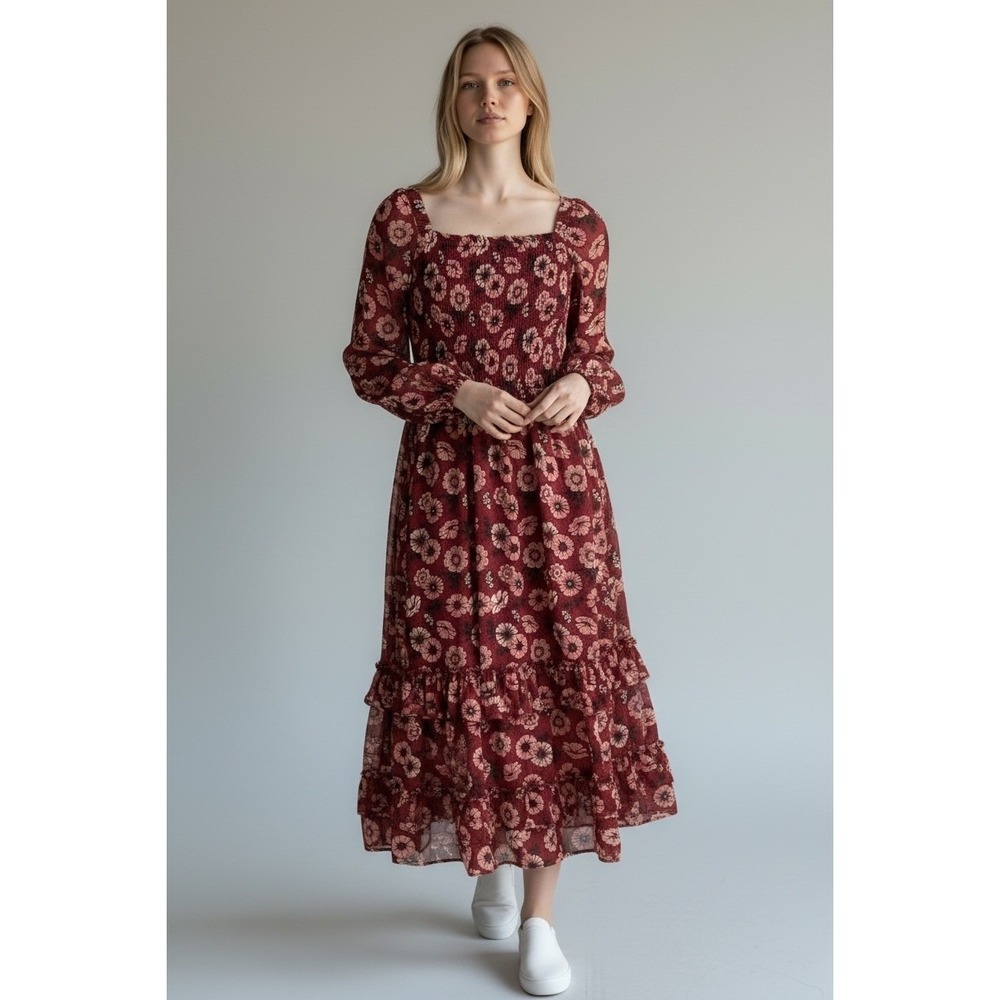 Teens Burgundy Floral Print Square Neck Long Sleeve‎ Tiered Ruffle Midi Dress 16